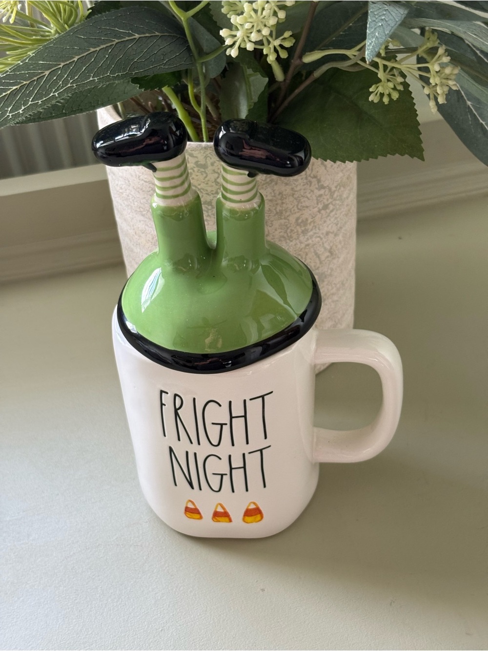 Rae Dunn White Mug with Green Monster Lid
